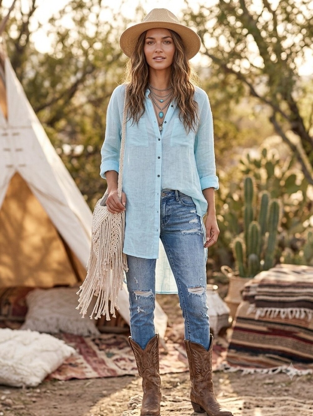 HOLDING HORSES Light Blue Linen-Blend Button-Up Shirt - Women's Long Sleeve Top